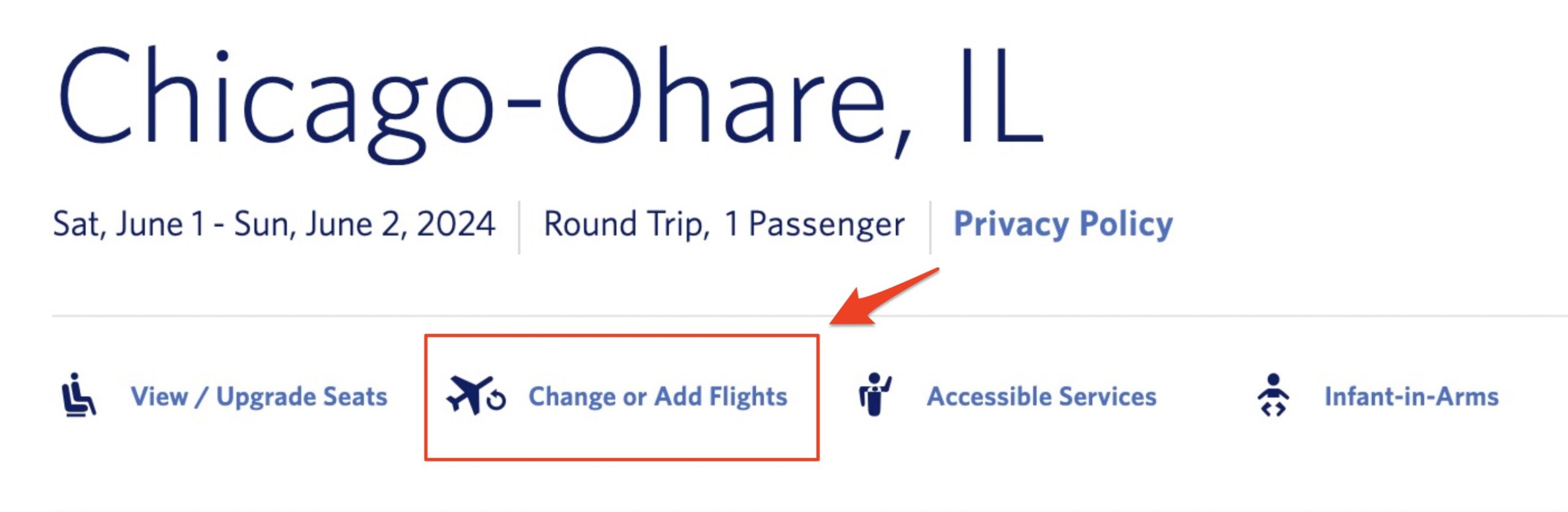 The main heading of a scheduled flight to Chicago on the Delta website with the "Change or Add Flights" button highlighted in red. 